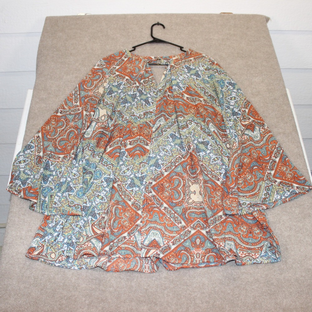Umgee Boho Paisley Print Bell Sleeve Mini Dress Orange Blue Multi Large G0394